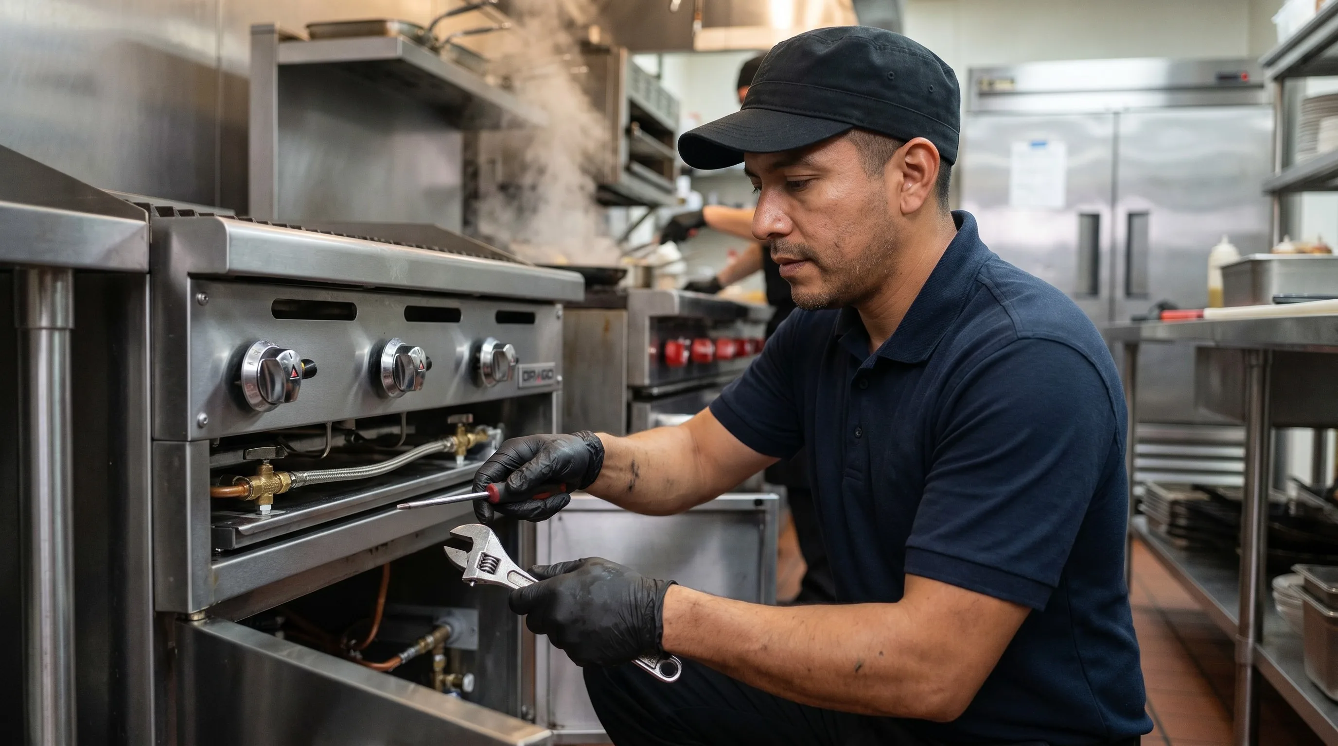 DRAGO technician servicing commercial cooking equipment